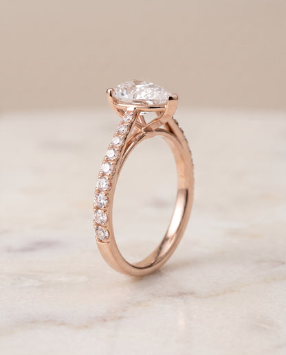 The Donna Cathedral French Pavé Solitaire Pear Engagement Ring Setting in 14K Rose Gold