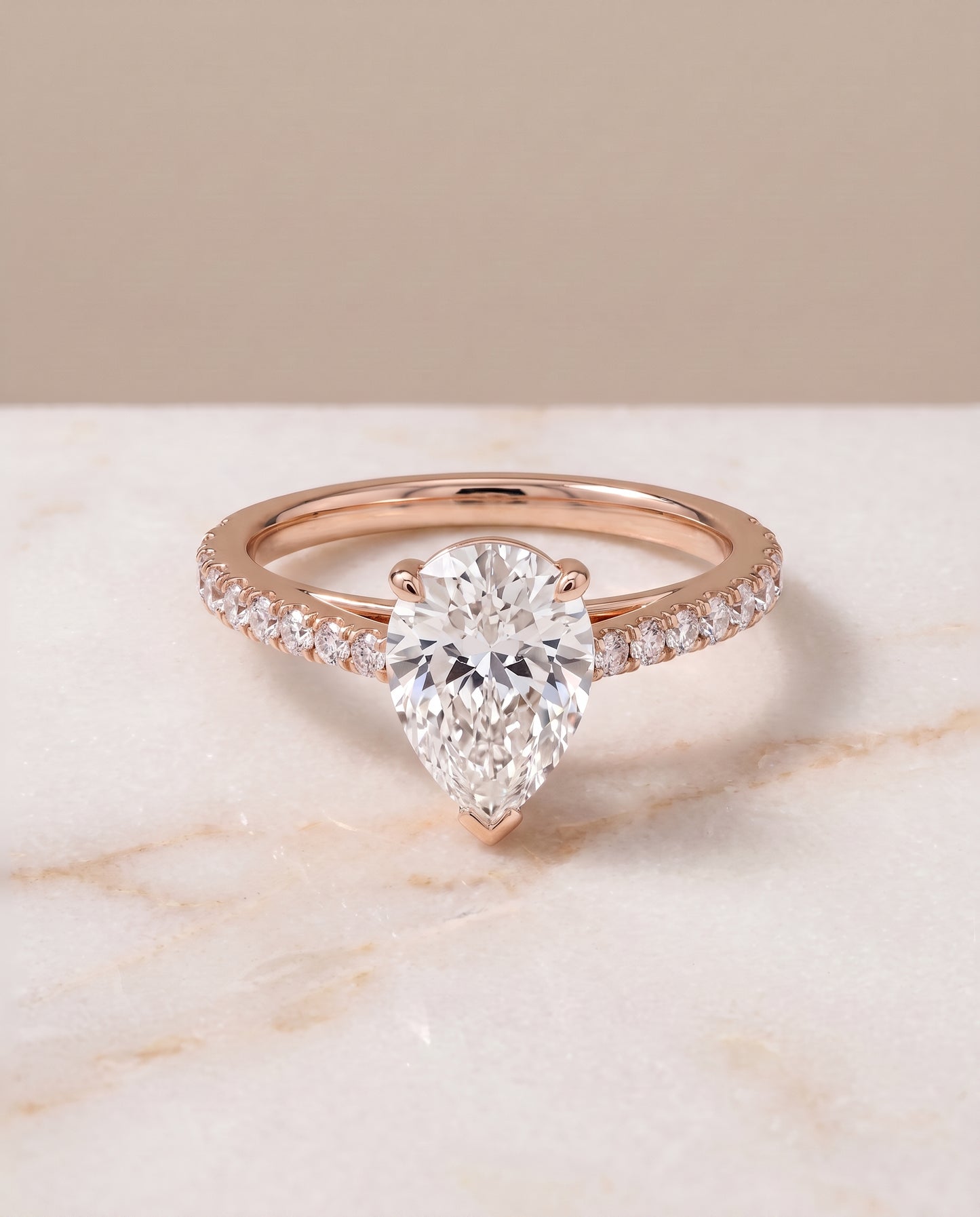 The Donna Cathedral French Pavé Solitaire Pear Engagement Ring Setting in 14K Rose Gold