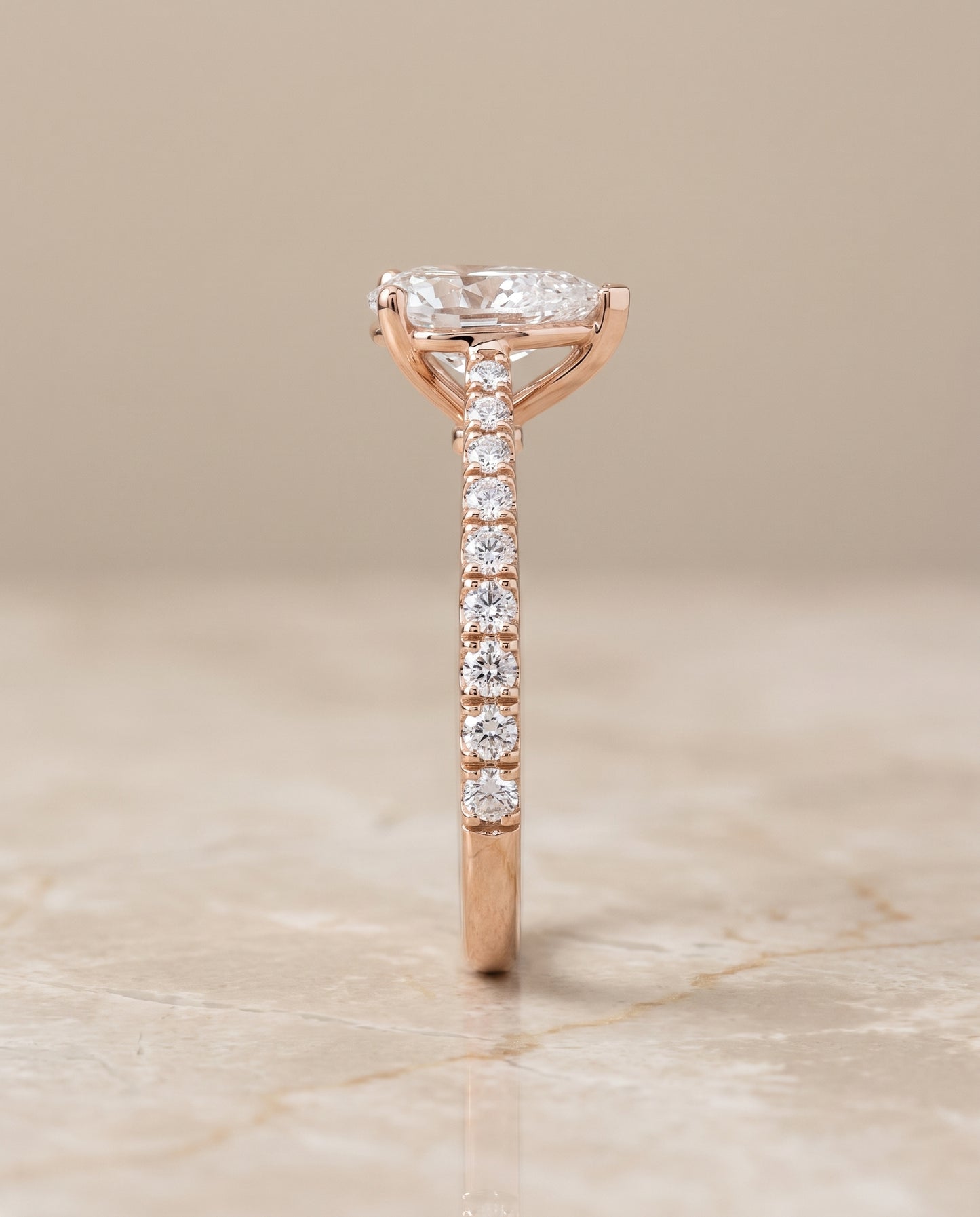The Donna Cathedral French Pavé Solitaire Pear Engagement Ring Setting in 14K Rose Gold