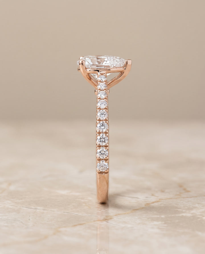 The Donna Cathedral French Pavé Solitaire Pear Engagement Ring Setting in 14K Rose Gold