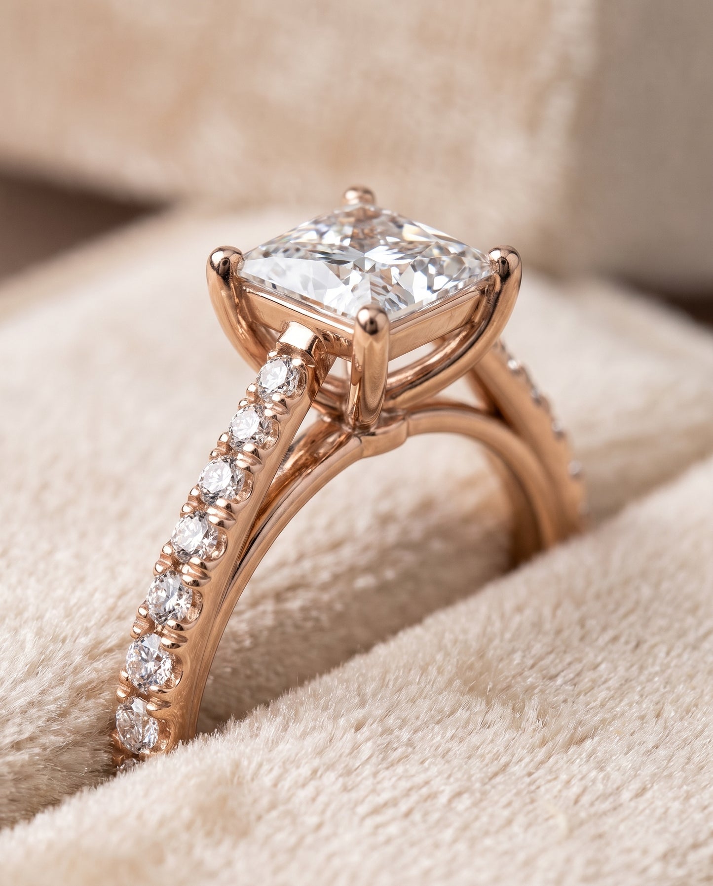 The Donna Cathedral French Pavé Solitaire Princess Cut Engagement Ring Setting in 14K Rose Gold