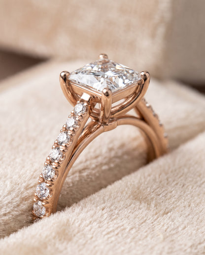 The Donna Cathedral French Pavé Solitaire Princess Cut Engagement Ring Setting in 14K Rose Gold