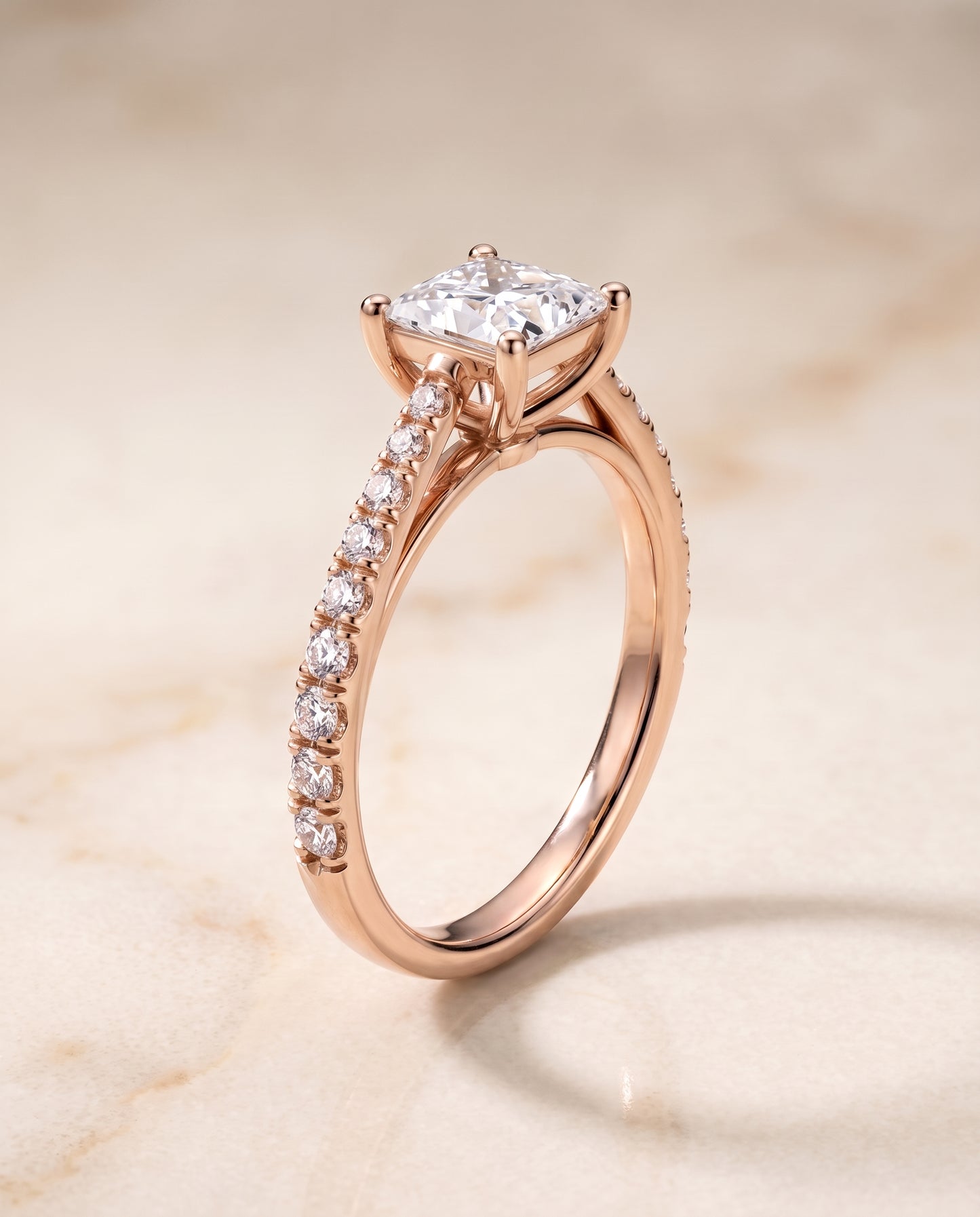 The Donna Cathedral French Pavé Solitaire Princess Cut Engagement Ring Setting in 14K Rose Gold