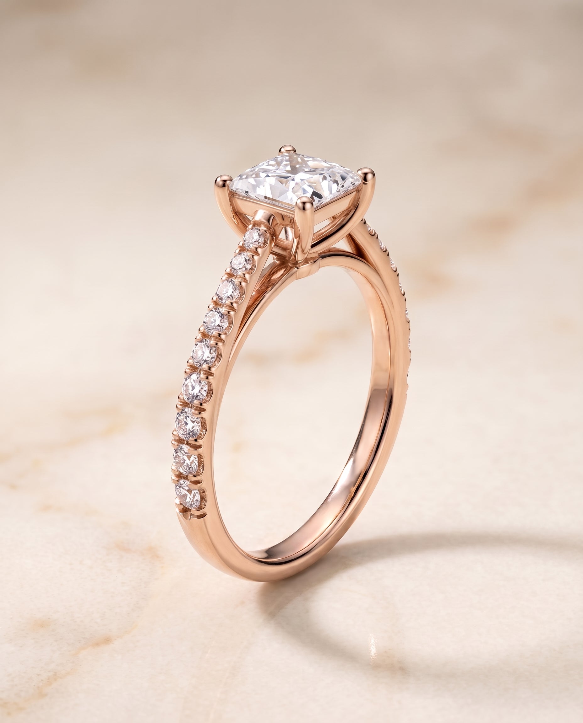 The Donna Cathedral French Pavé Solitaire Princess Cut Engagement Ring Setting in 14K Rose Gold
