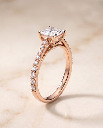 The Donna Cathedral French Pavé Solitaire Princess Cut Engagement Ring Setting in 14K Rose Gold