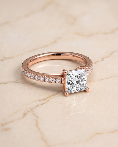 The Donna Cathedral French Pavé Solitaire Princess Cut Engagement Ring Setting in 14K Rose Gold
