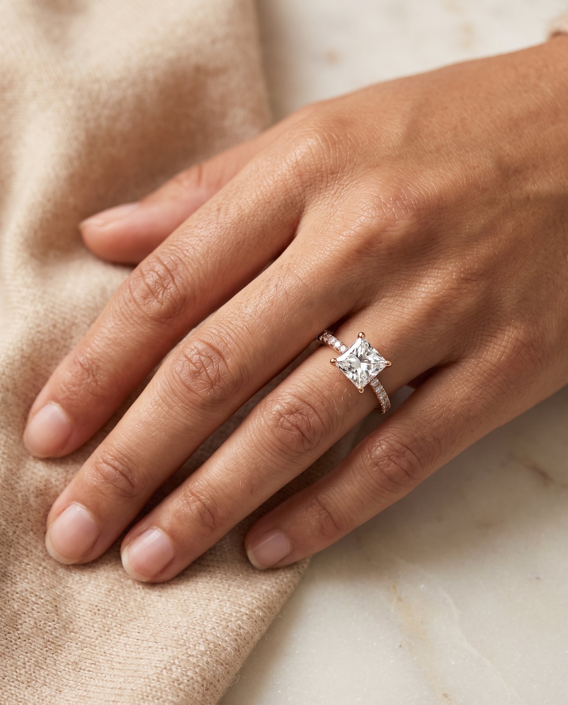 The Donna Cathedral French Pavé Solitaire Princess Cut Engagement Ring Setting in 14K Rose Gold