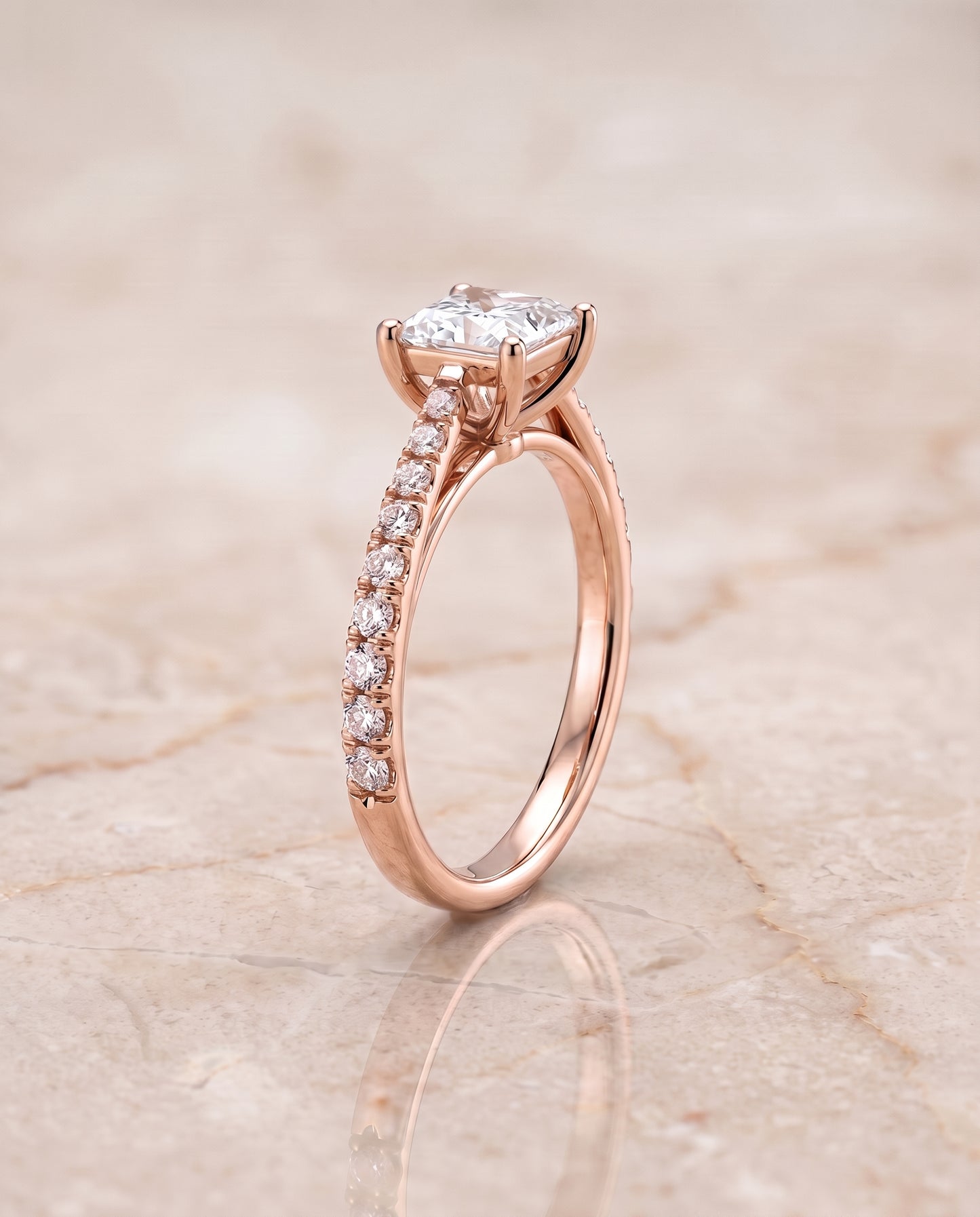 The Donna Cathedral French Pavé Solitaire Princess Cut Engagement Ring Setting in 14K Rose Gold