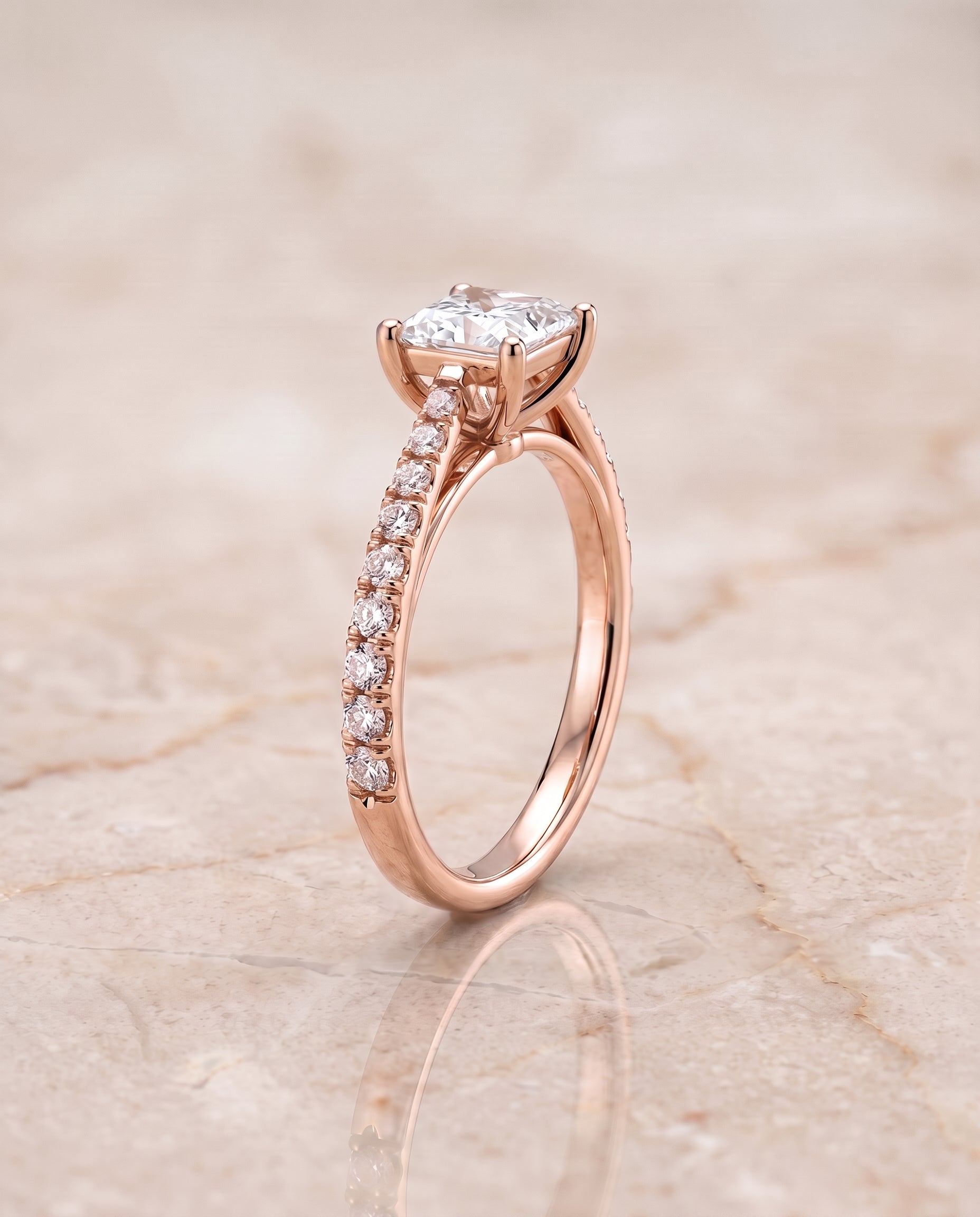 The Donna Cathedral French Pavé Solitaire Princess Cut Engagement Ring Setting in 14K Rose Gold