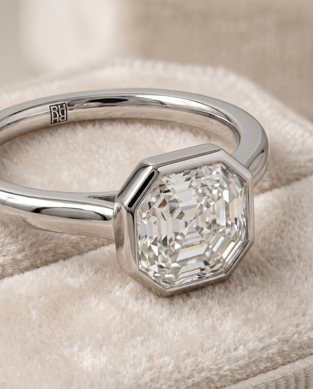 Duran Select Simple Bezel Solitaire Asscher Cut Lab Diamond Engagement Ring in Platinum, detail view | RockHer