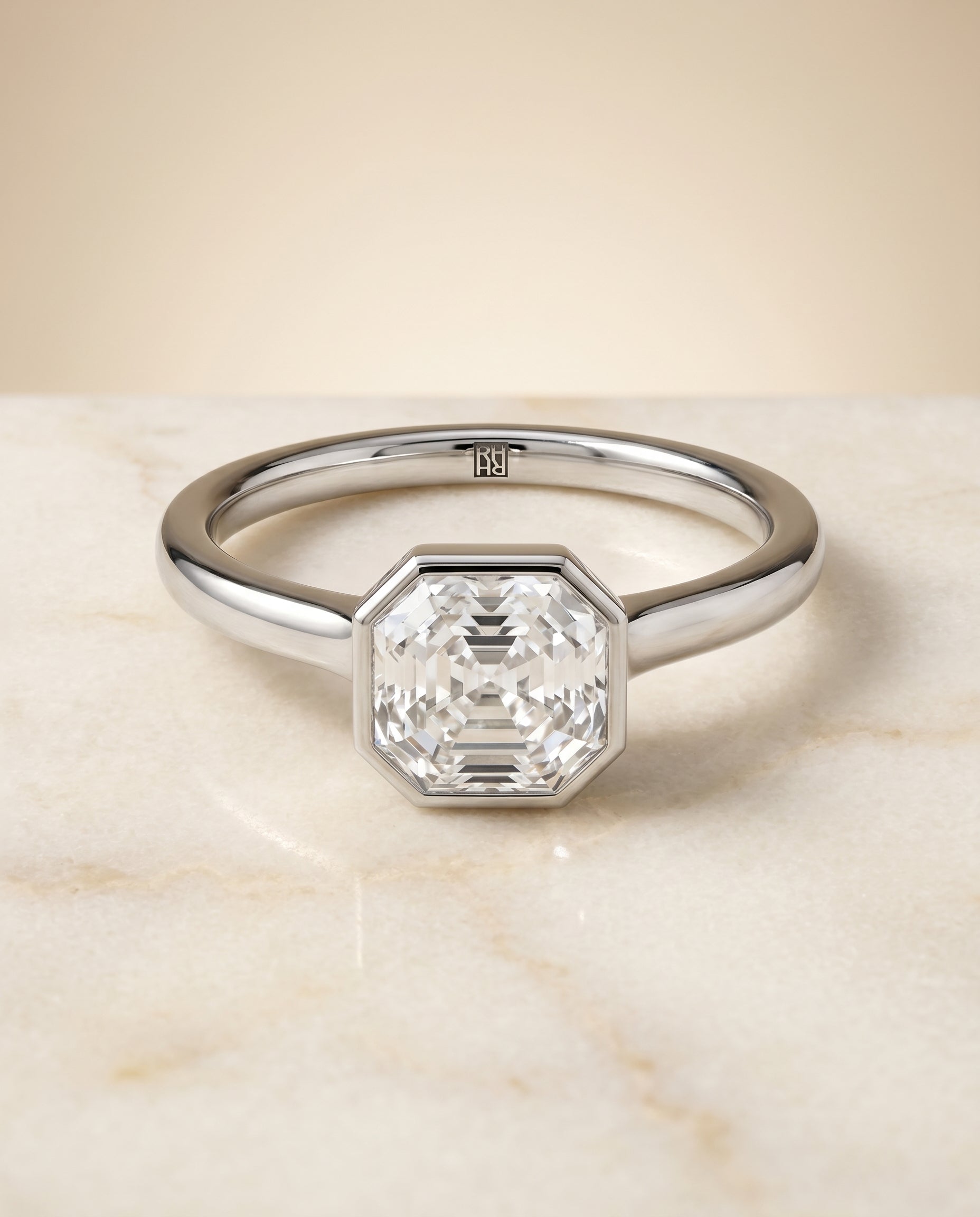 The Duran Bezel Solitaire Engagement Ring Setting for Asscher Diamonds in 18K White Gold