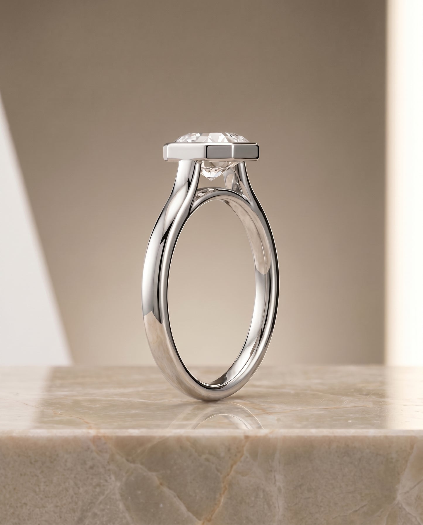 The Duran Bezel Solitaire Engagement Ring Setting for Asscher Diamonds in 18K White Gold