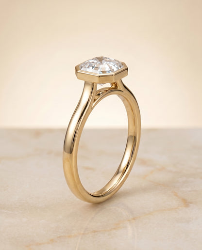 The Duran Simple Bezel Solitaire Asscher Cut Engagement Ring Setting in 18K Yellow Gold