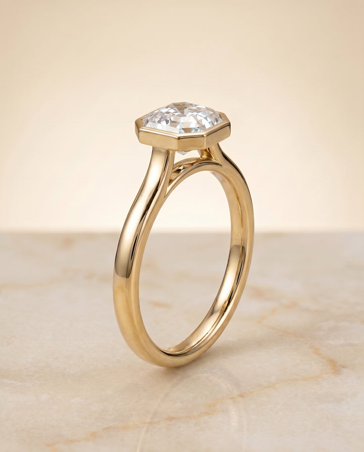The Duran Bezel Solitaire Engagement Ring Setting for Asscher Diamonds in 18K Yellow Gold