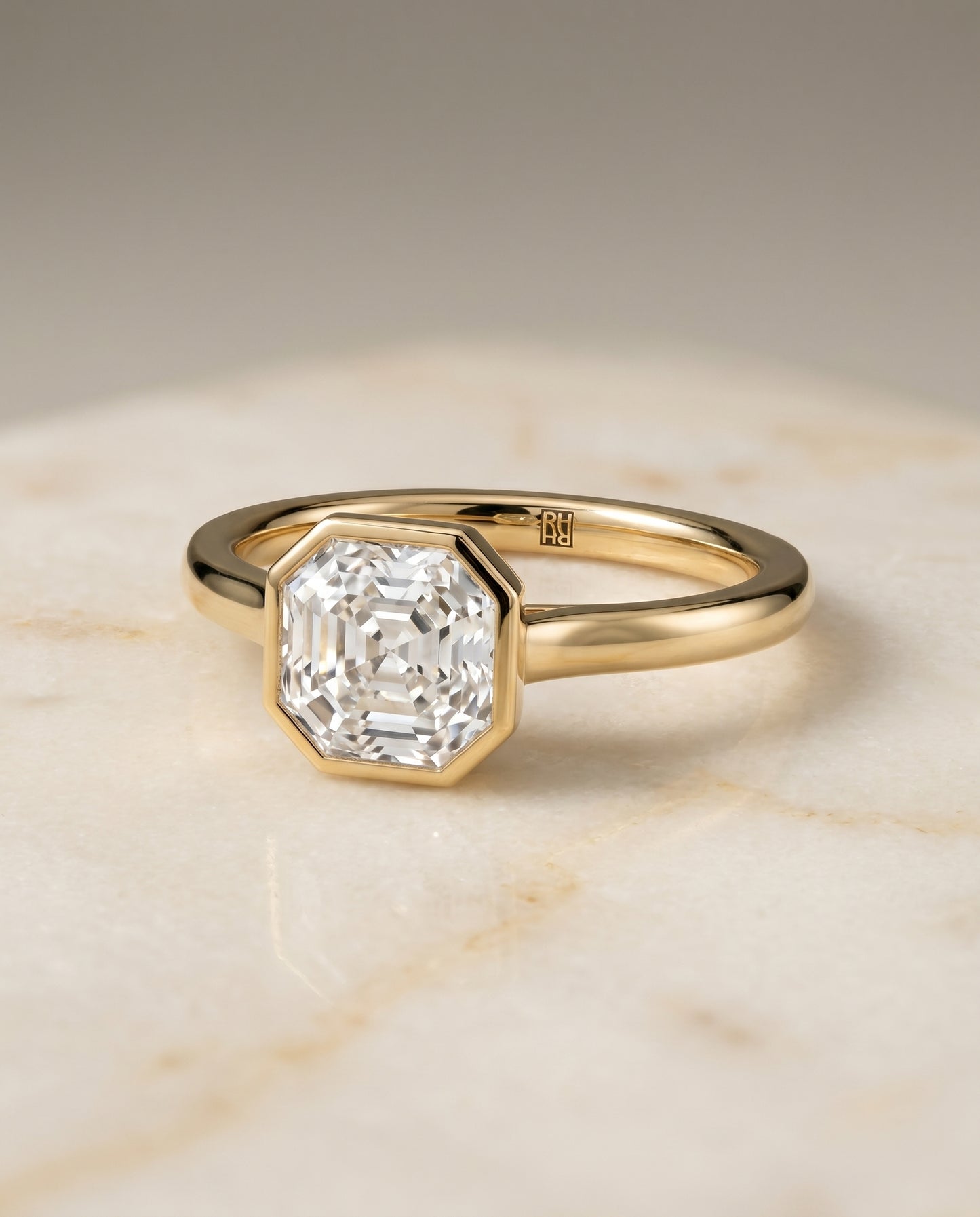The Duran Bezel Solitaire Engagement Ring Setting for Asscher Diamonds in 18K Yellow Gold