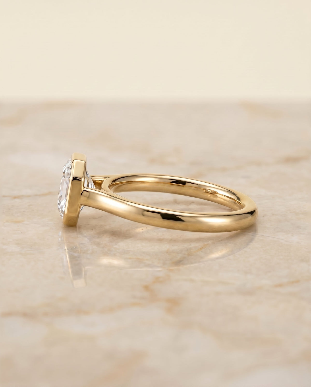Duran Select Simple Bezel Solitaire Asscher Cut Lab Diamond Engagement Ring in 18K Yellow Gold, side view | RockHer