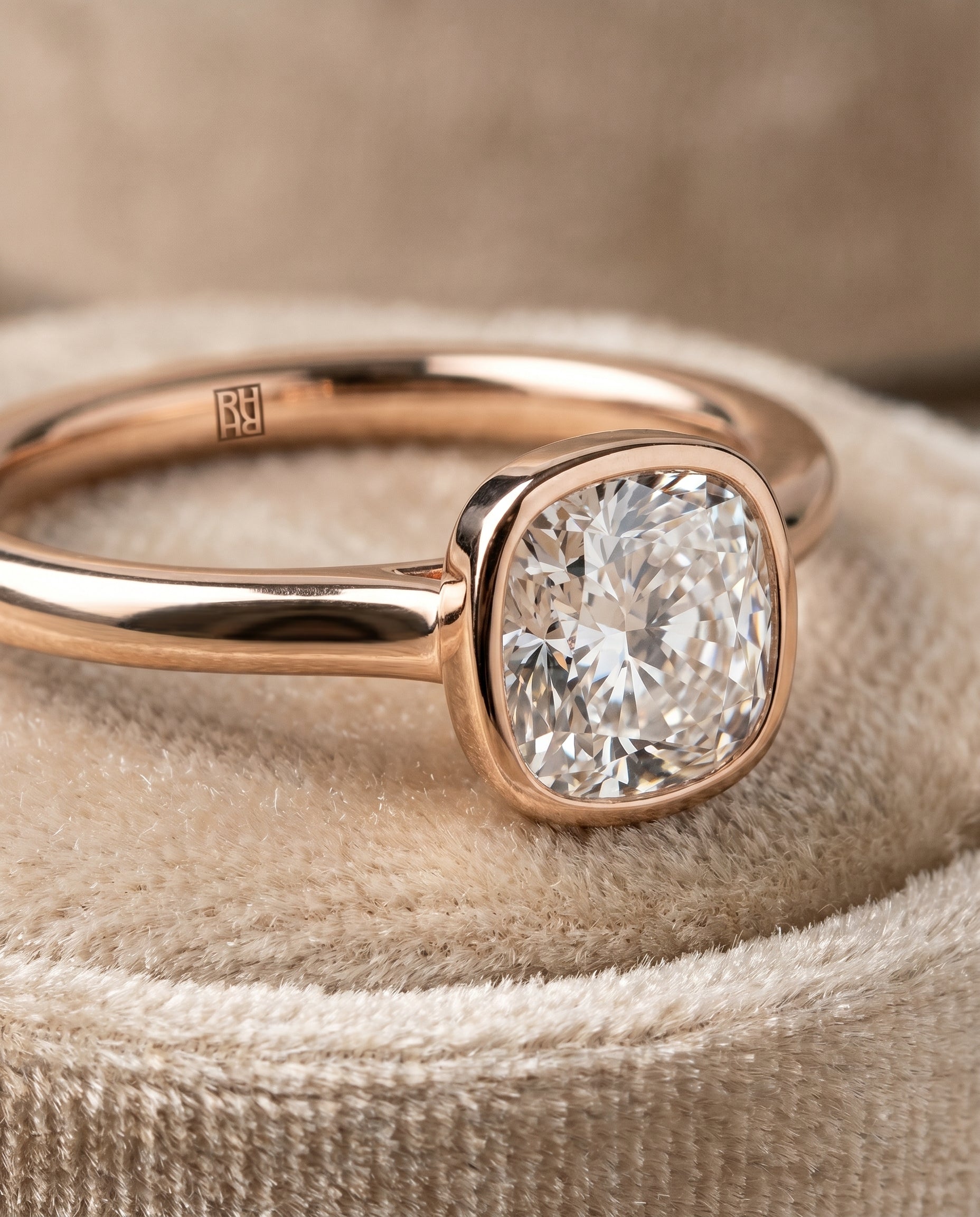 14K Rose Gold band of The Duran cushion engagement ring setting | RockHer