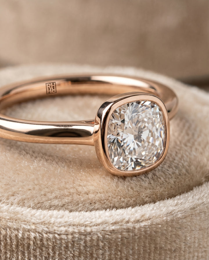 The Duran Bezel Solitaire Engagement Ring Setting for Cushion Diamonds in 14K Rose Gold