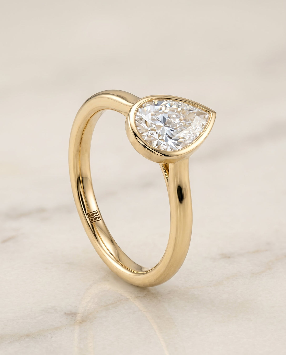 Duran Select Simple Bezel Solitaire Pear Lab Diamond Engagement Ring in 18K Yellow Gold, front view | RockHer