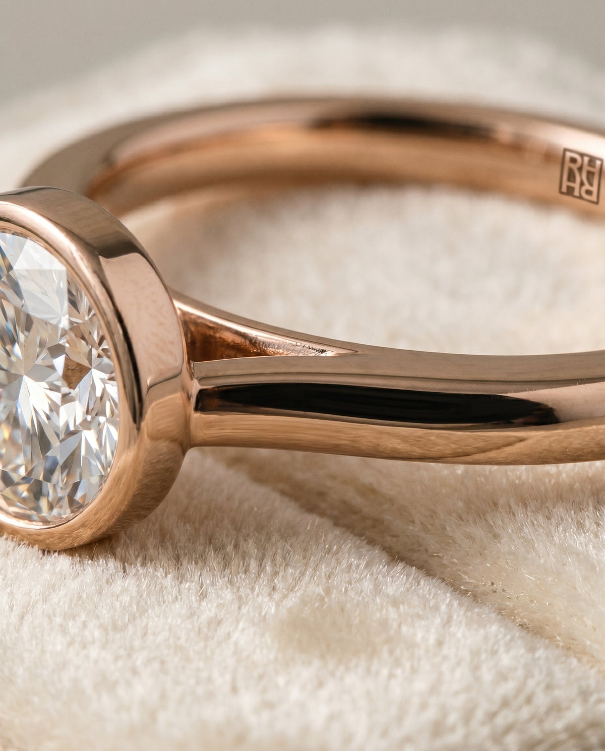 Duran Select Simple Bezel Solitaire Round Lab Diamond Engagement Ring in 14K Rose Gold, detail view | RockHer