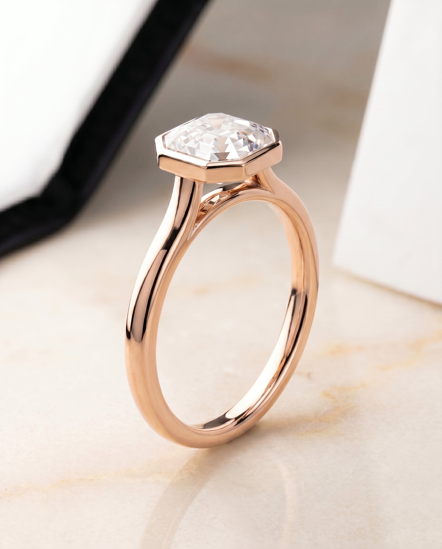 Simple Bezel Solitaire Cut styling on The Duran asscher engagement ring setting | RockHer