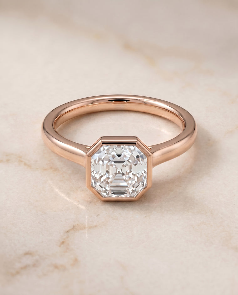 The Duran Simple Bezel Solitaire Asscher Cut Engagement Ring Setting in 14K Rose Gold
