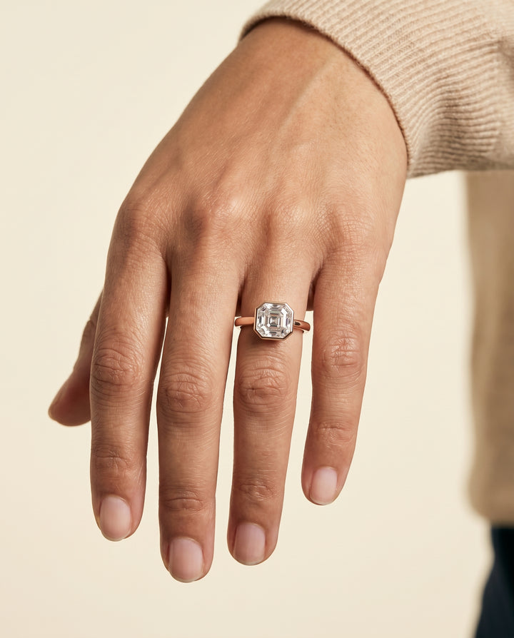 The Duran Simple Bezel Solitaire Asscher Cut Engagement Ring Setting in 14K Rose Gold
