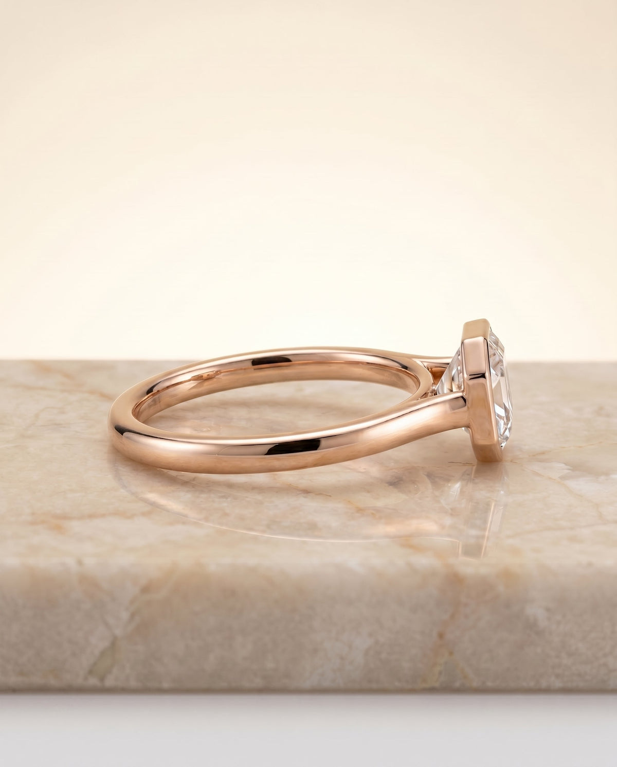 Duran Select Simple Bezel Solitaire Asscher Cut Lab Diamond Engagement Ring in 14K Rose Gold, side view | RockHer
