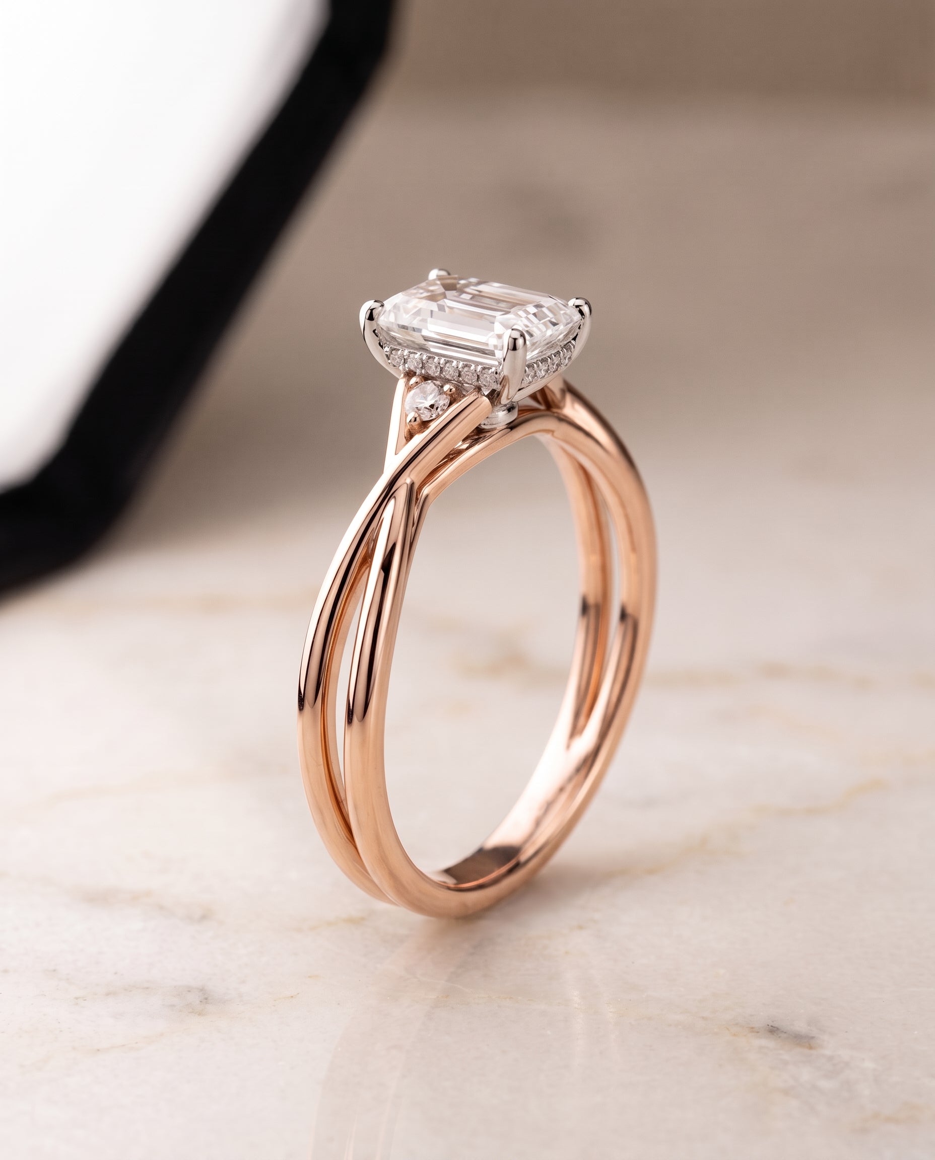 Hidden Halo Solitaire Cut styling on The Dusty emerald engagement ring setting | RockHer