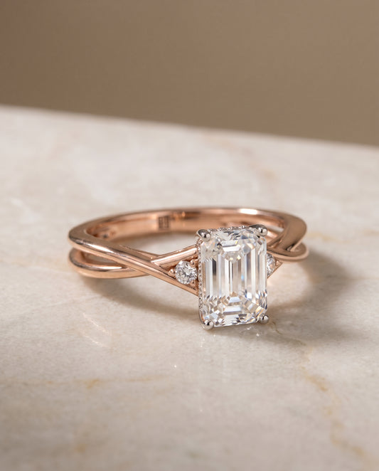The Dusty Hidden Halo Solitaire Emerald Cut Engagement Ring Setting in 14K Rose Gold
