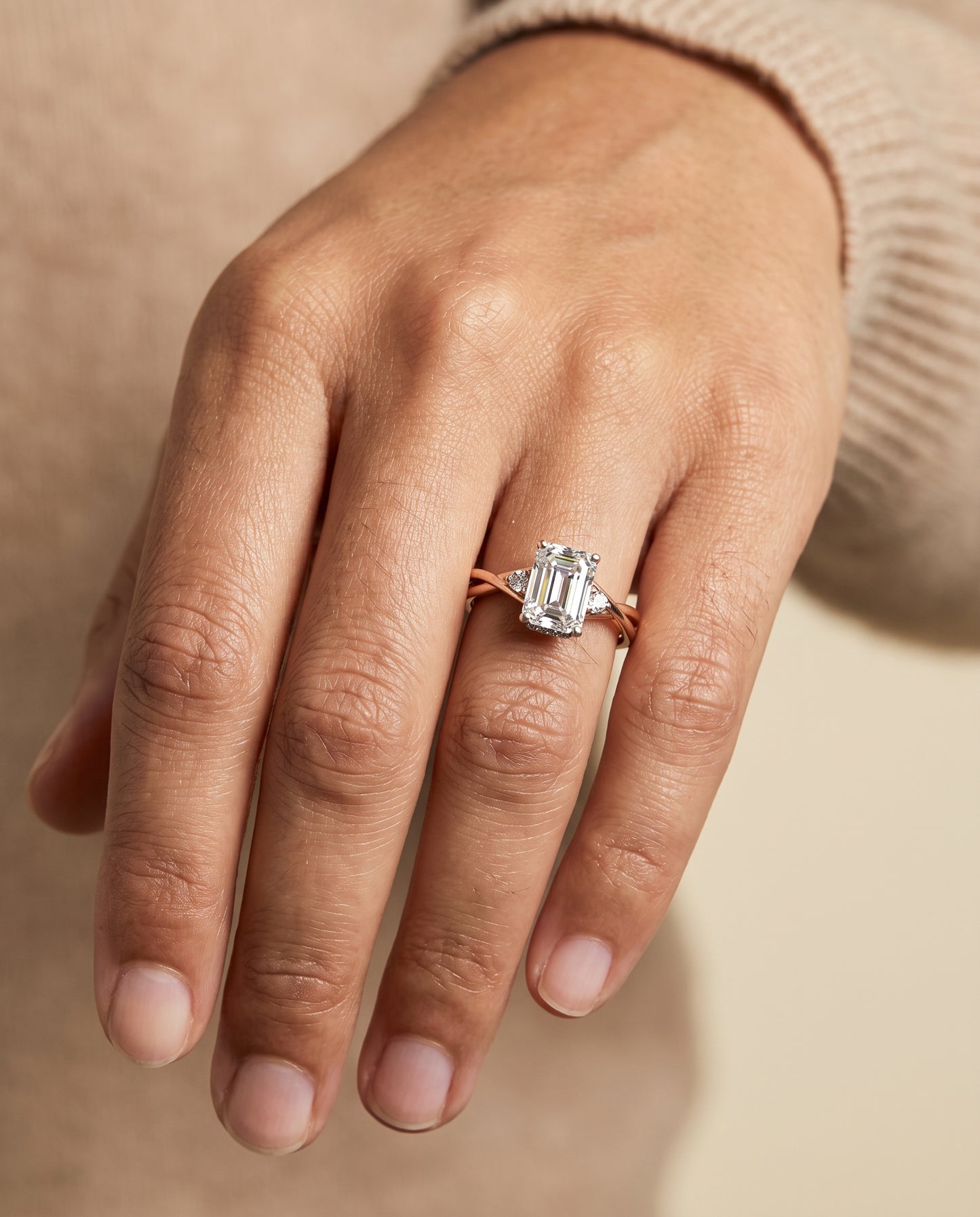 The Dusty Hidden Halo Solitaire Emerald Cut Engagement Ring Setting in 14K Rose Gold