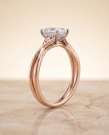 The Dusty Hidden Halo Solitaire Emerald Cut Engagement Ring Setting in 14K Rose Gold