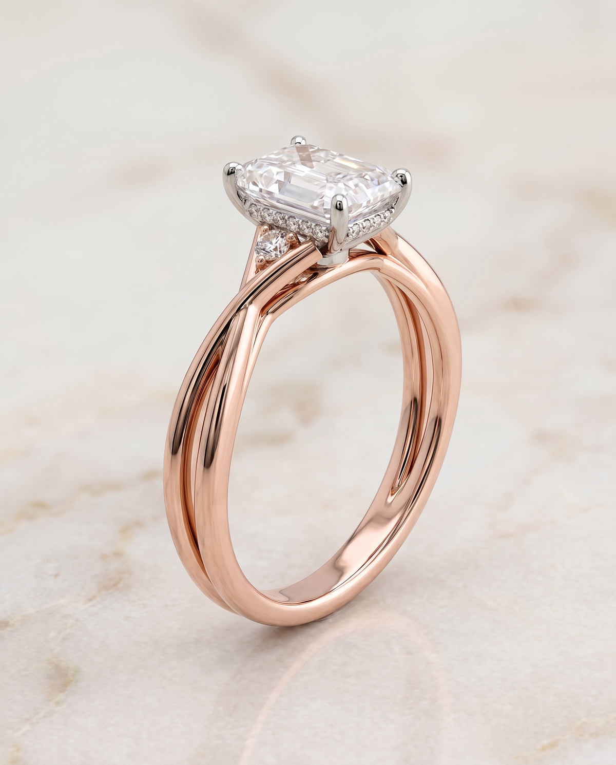 The Dusty Hidden Halo Solitaire Radiant Cut Engagement Ring Setting in 14K Rose Gold