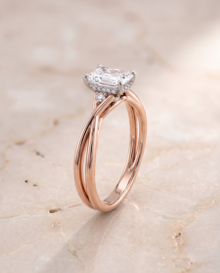 The Dusty Hidden Halo Solitaire Radiant Cut Engagement Ring Setting in 14K Rose Gold