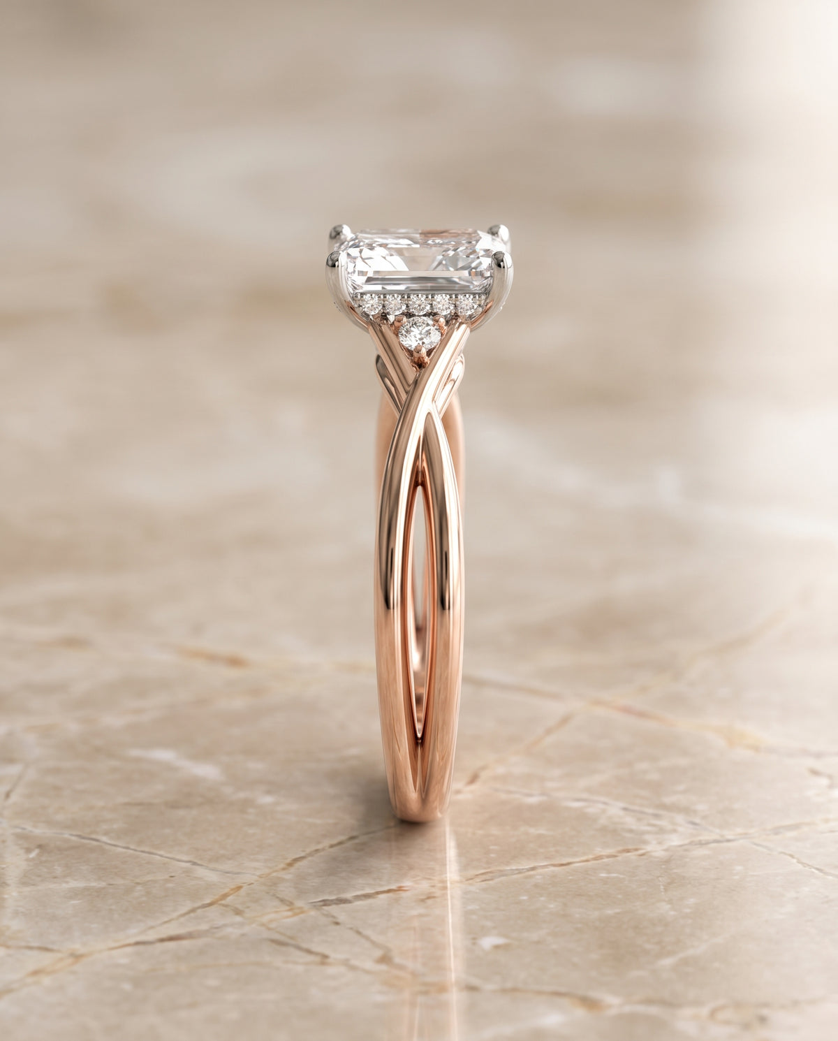The Dusty Hidden Halo Solitaire Radiant Cut Engagement Ring Setting in 14K Rose Gold