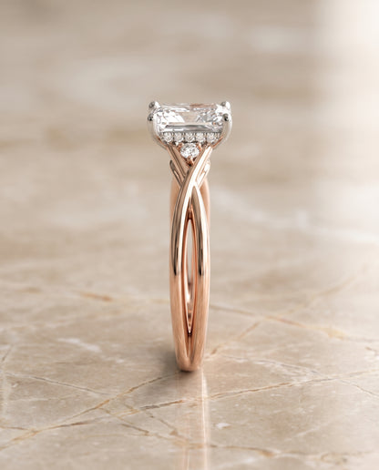 The Dusty Hidden Halo Solitaire Radiant Cut Engagement Ring Setting in 14K Rose Gold