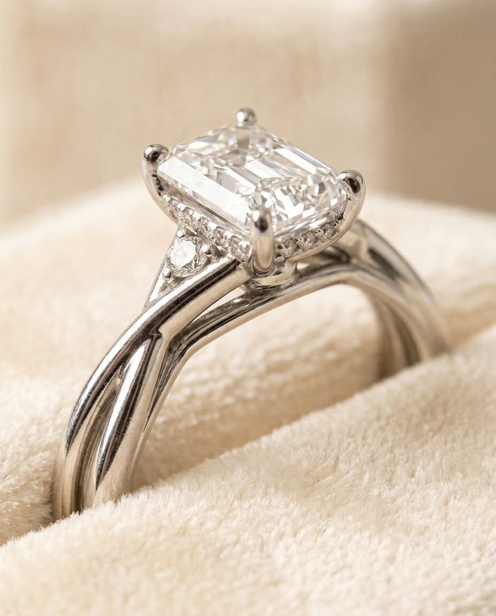 The Dusty Hidden Halo Solitaire Radiant Cut Engagement Ring Setting in Platinum