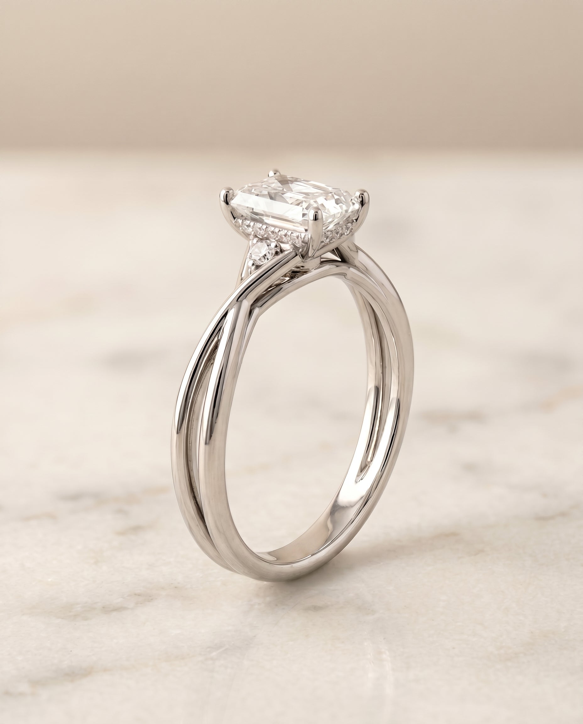 Hidden Halo Solitaire Cut styling on The Dusty radiant engagement ring setting | RockHer