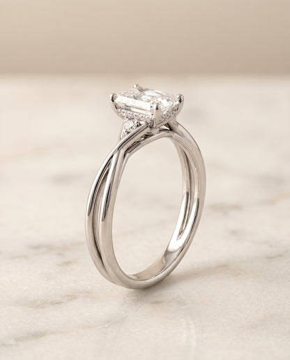 The Dusty Hidden Halo Solitaire Radiant Cut Engagement Ring Setting in Platinum