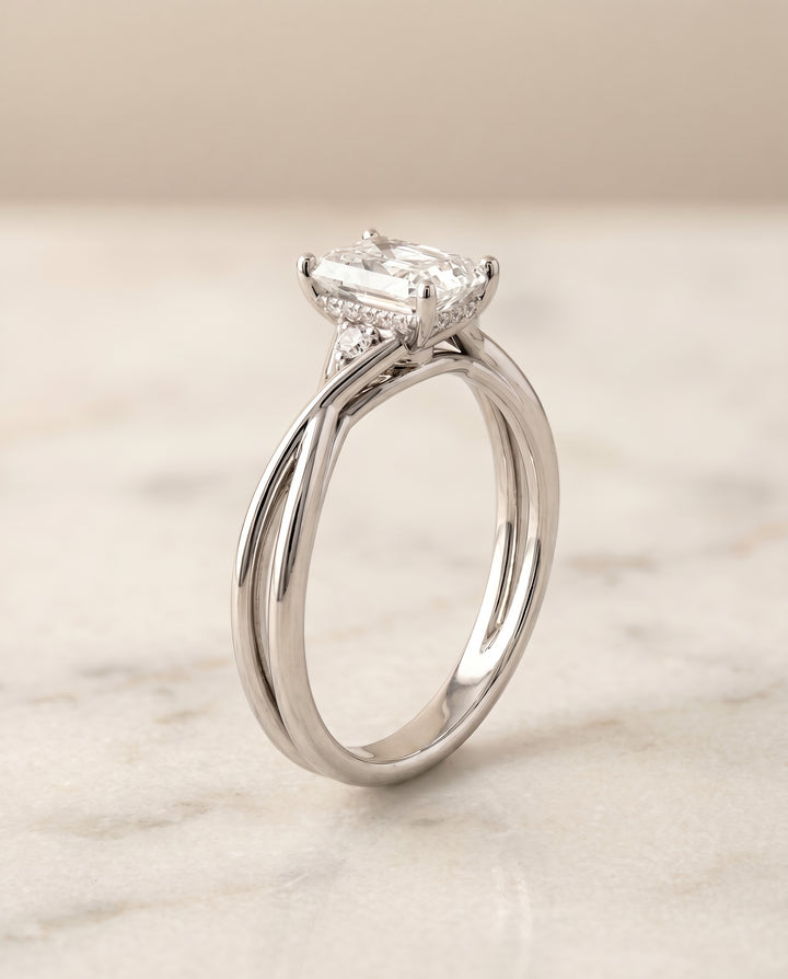 The Dusty Hidden Halo Solitaire Radiant Cut Engagement Ring Setting in Platinum