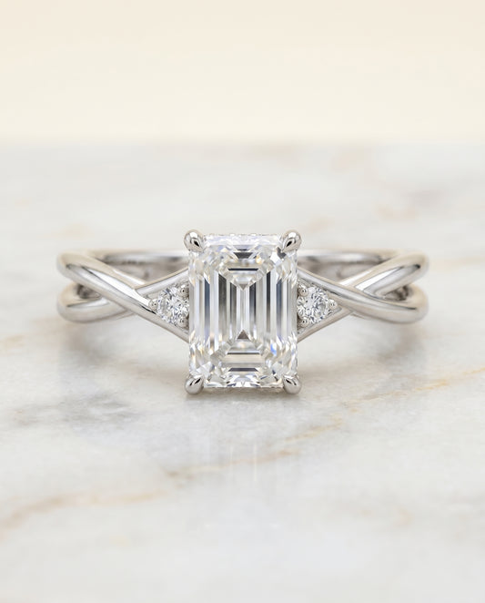 The Dusty Solitaire Engagement Ring Setting for Radiant Diamonds in 18K White Gold