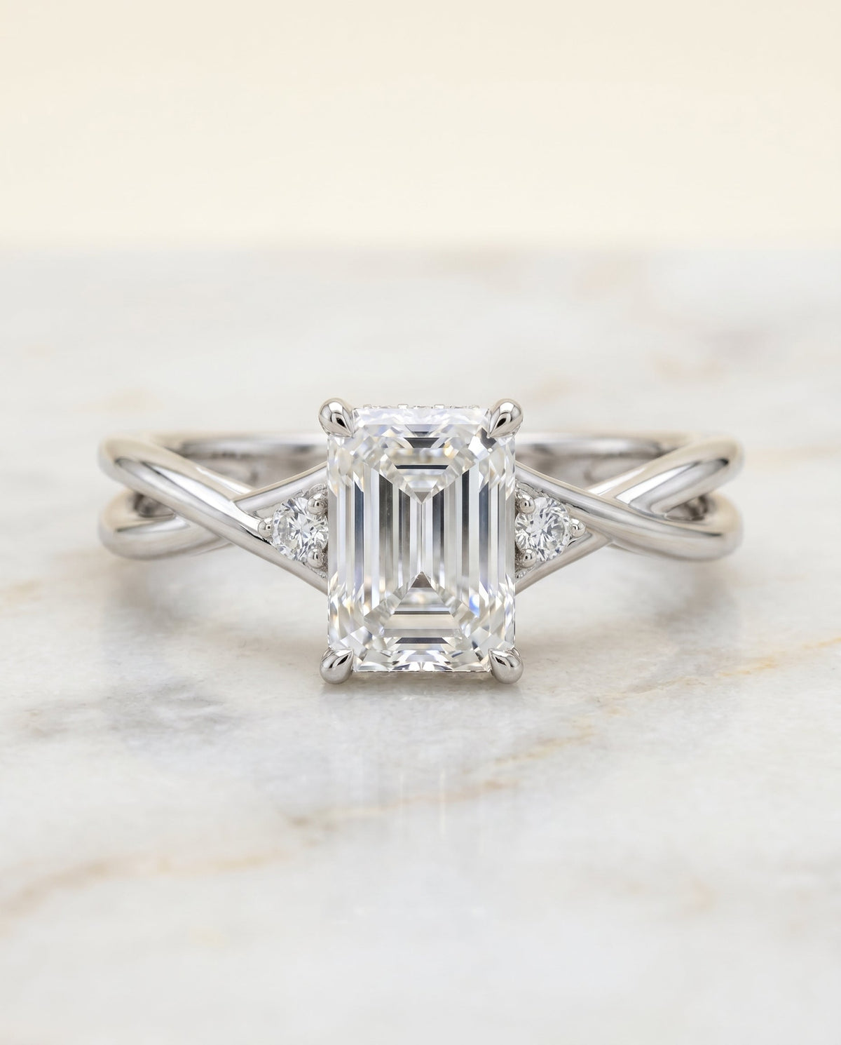 Dusty Select Hidden Halo Solitaire Radiant Cut Lab Diamond Engagement Ring in Platinum, shown on hand, angled | RockHer