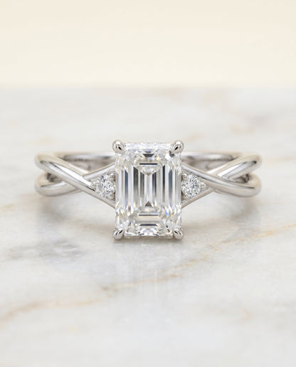 Dusty Select Hidden Halo Solitaire Radiant Cut Lab Diamond Engagement Ring in Platinum, shown on hand, angled | RockHer