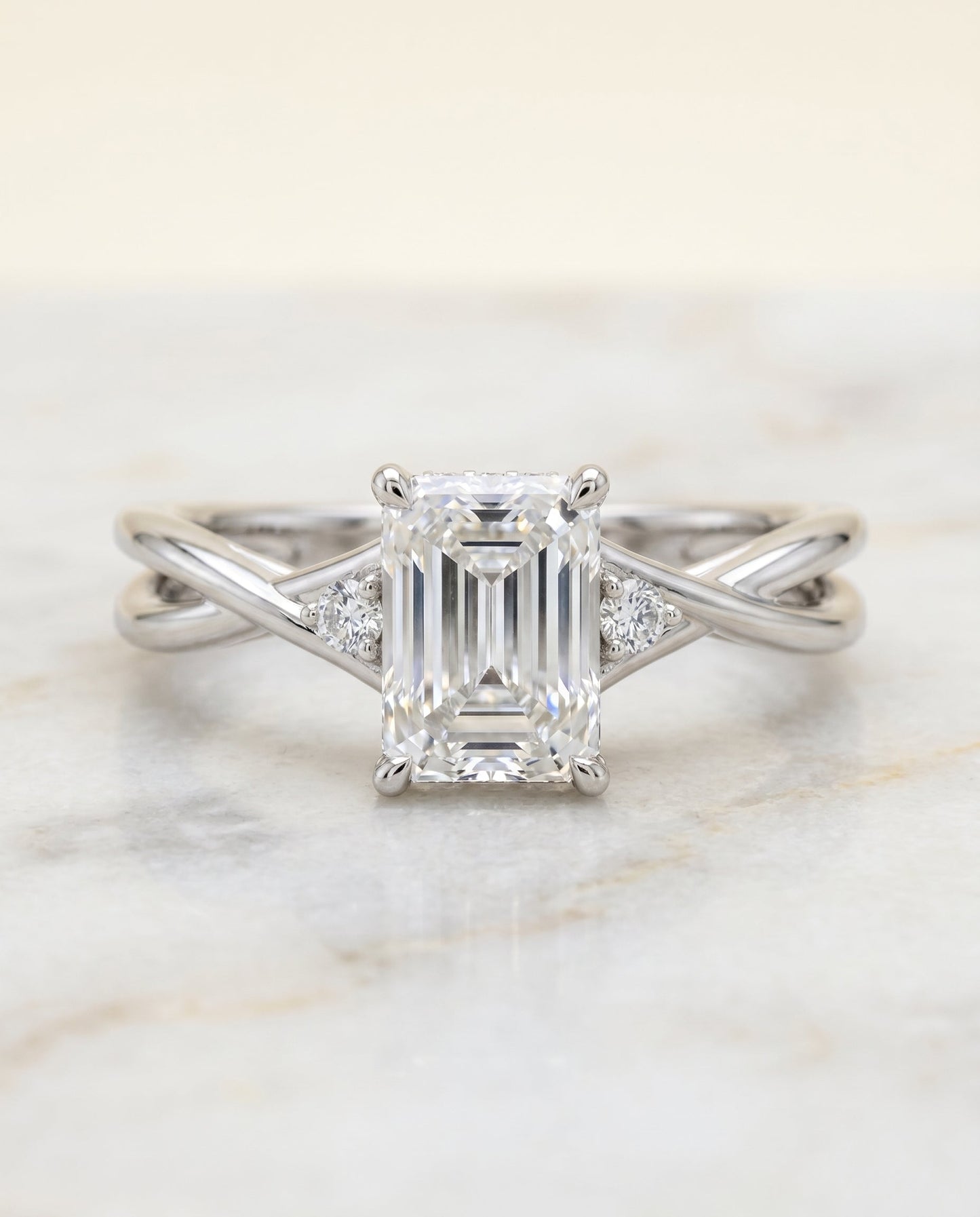 Dusty Select Hidden Halo Solitaire Radiant Cut Lab Diamond Engagement Ring in 18K White Gold, shown on hand, angled | RockHer