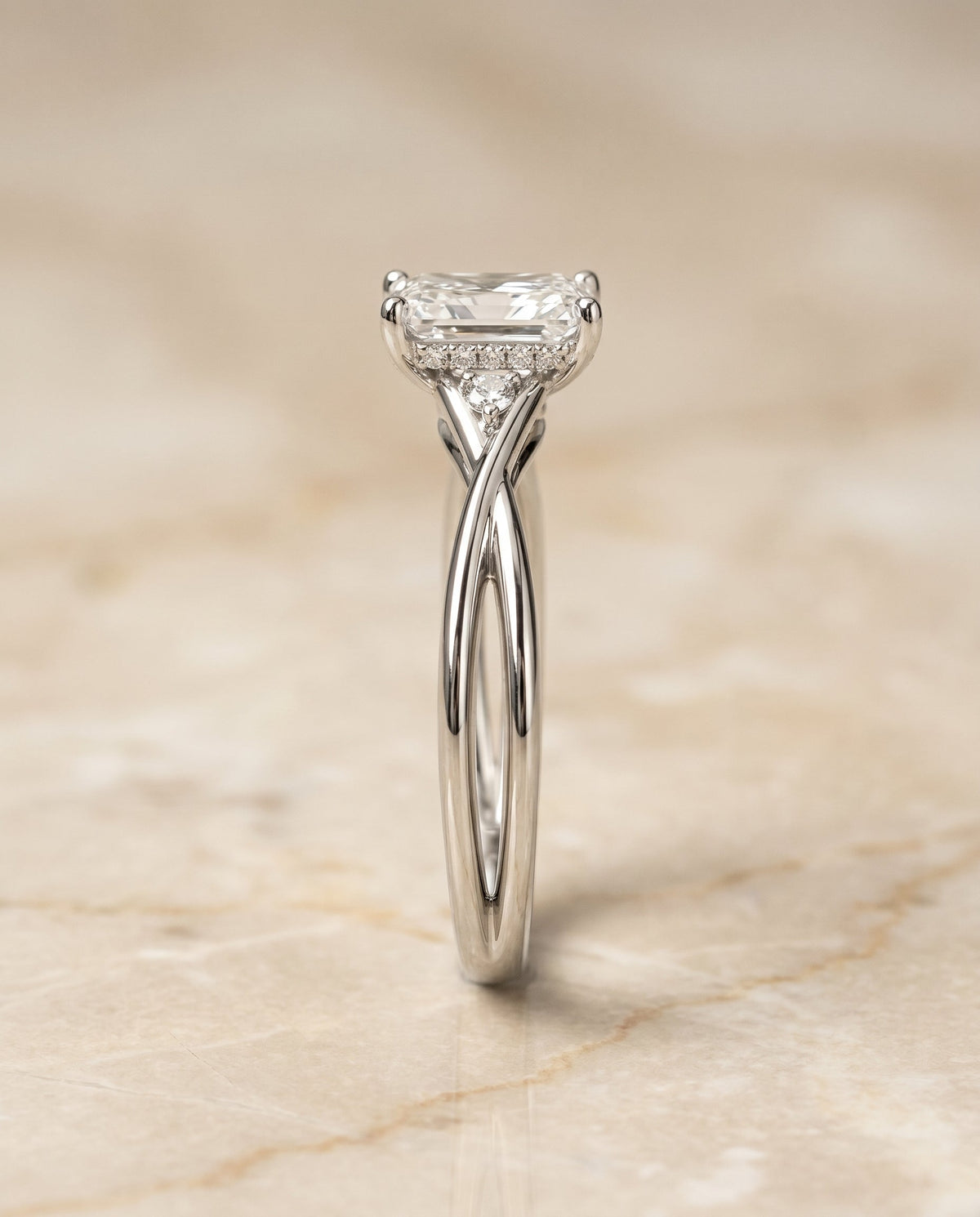 Dusty Select Hidden Halo Solitaire Radiant Cut Lab Diamond Engagement Ring in Platinum, side view | RockHer