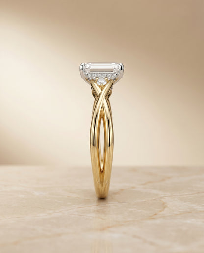 The Dusty Hidden Halo Solitaire Emerald Cut Engagement Ring Setting in 18K Yellow Gold