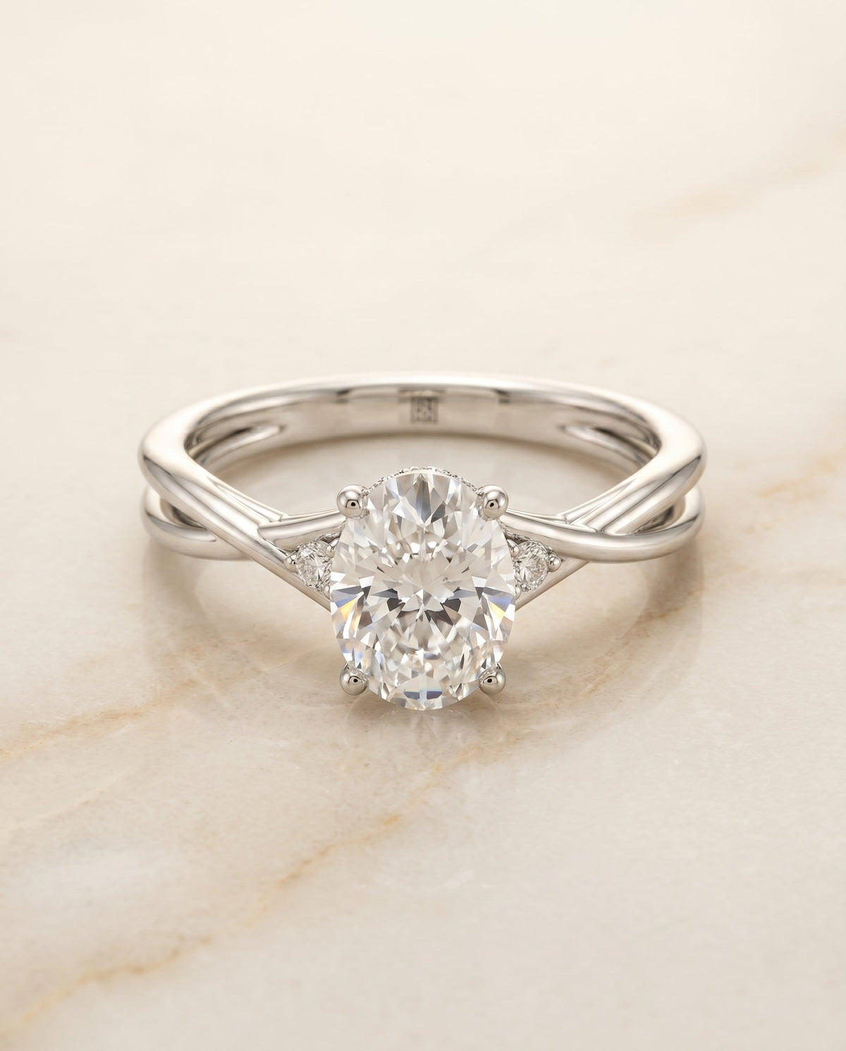 Dusty Select Hidden Halo Solitaire Oval Lab Diamond Engagement Ring in 18K White Gold, alternate angle | RockHer