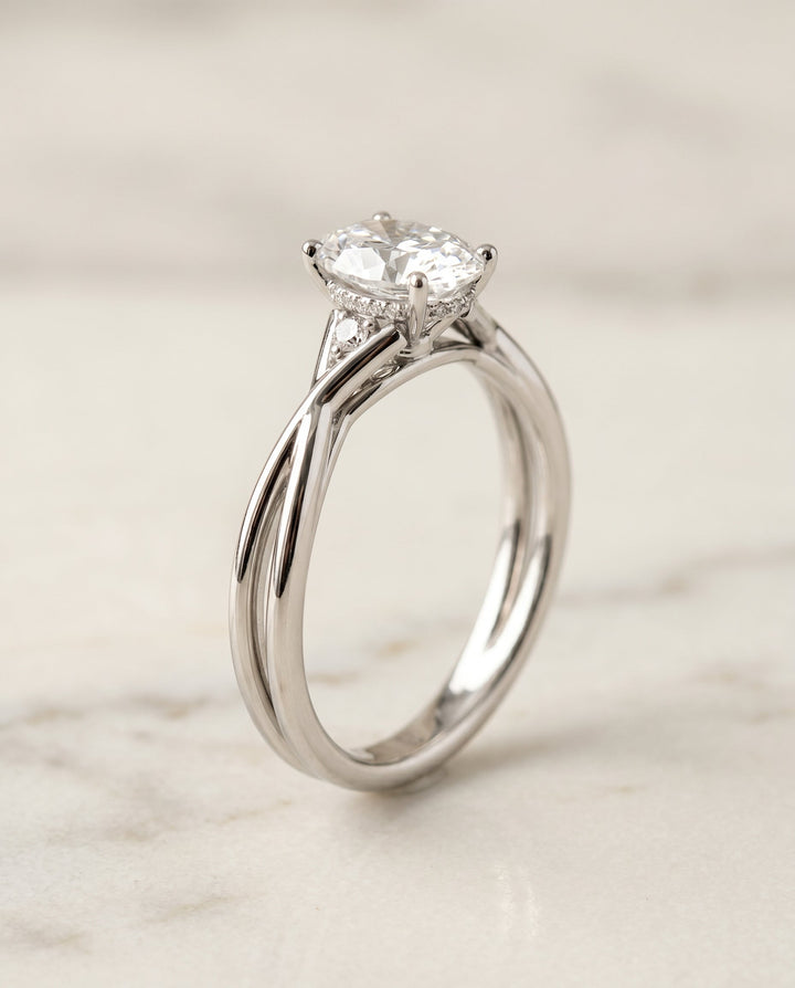 Dusty Select Twisted Shank Hidden Halo Solitaire Oval in 18K White Gold – view 2