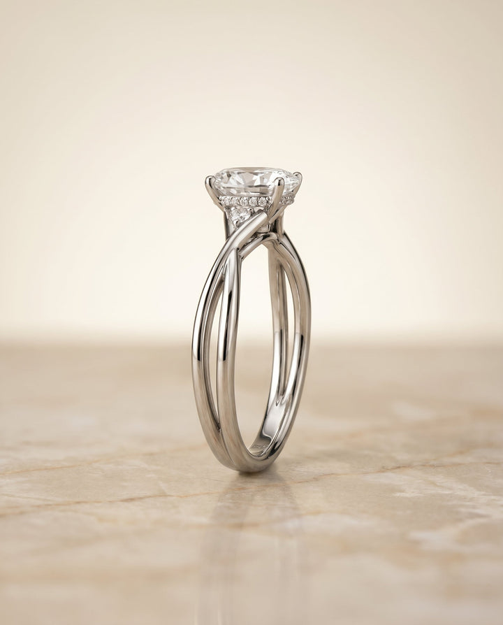 Dusty Select Twisted Shank Hidden Halo Solitaire Oval in 18K White Gold – view 6