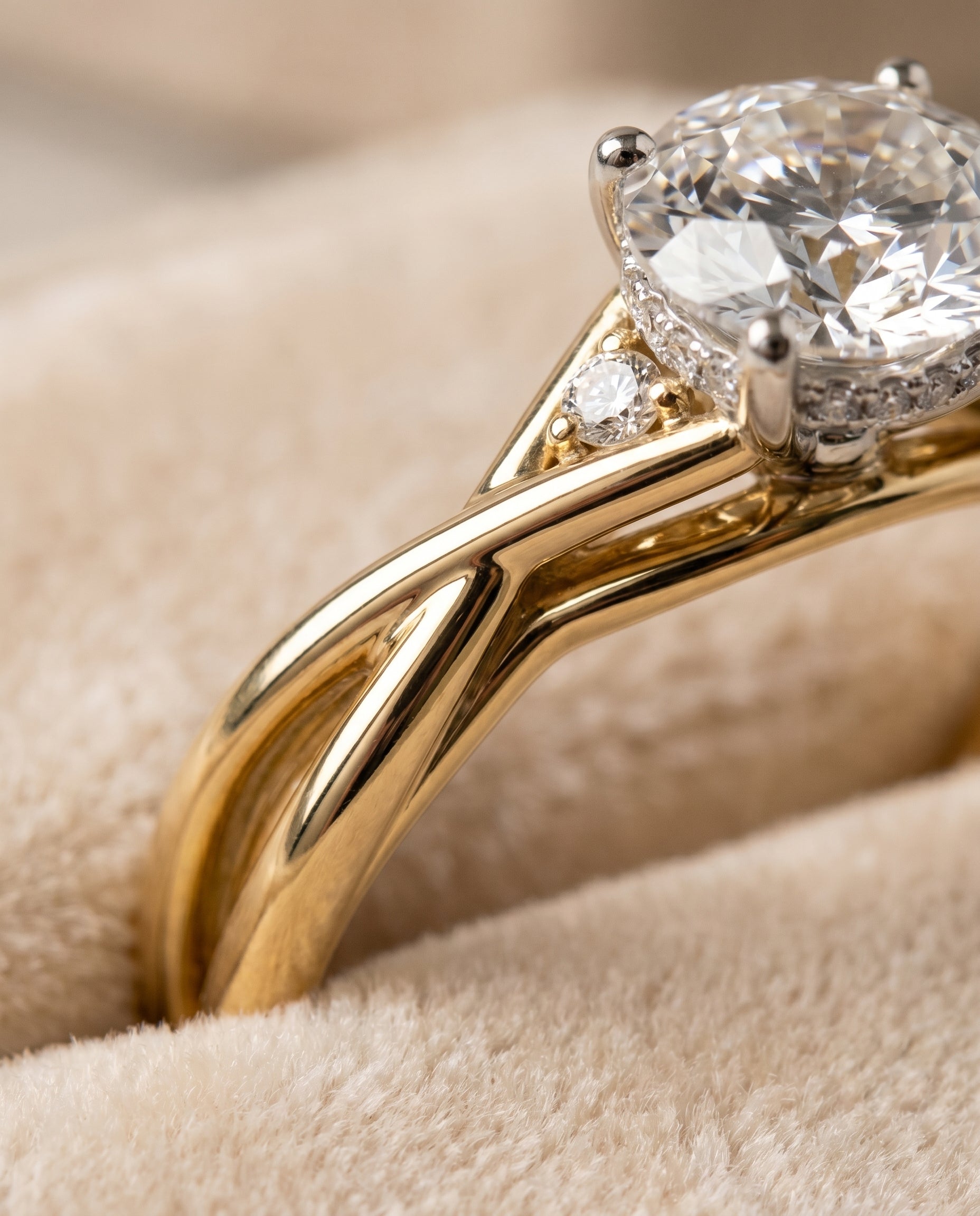 Dusty Select Hidden Halo Solitaire Round Lab Diamond Engagement Ring in 18K Yellow Gold, detail view | RockHer
